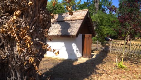small thatched roof cottage with a wooden door in a quiet, rural countryside setting
