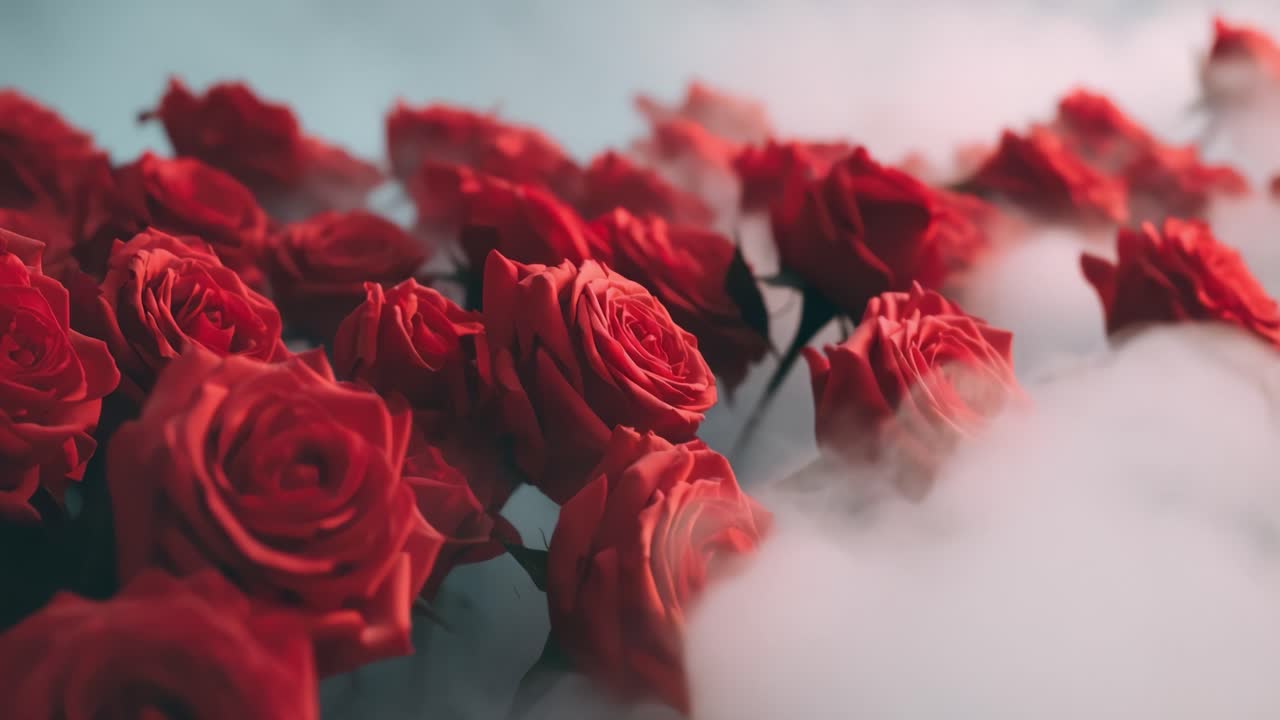 Un hermoso conjunto de rosas rojas rodeado de niebla etérea, capturando la esencia del romance y la elegancia en un entorno onírico.
