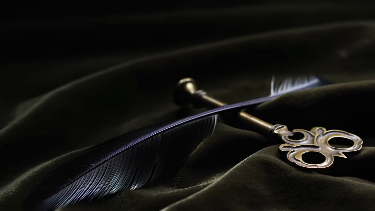 Closeup Feather Quill And Key Resting On Dark Velvet, Lowkey Lighting Highlights Antique Brass Key With Ornate