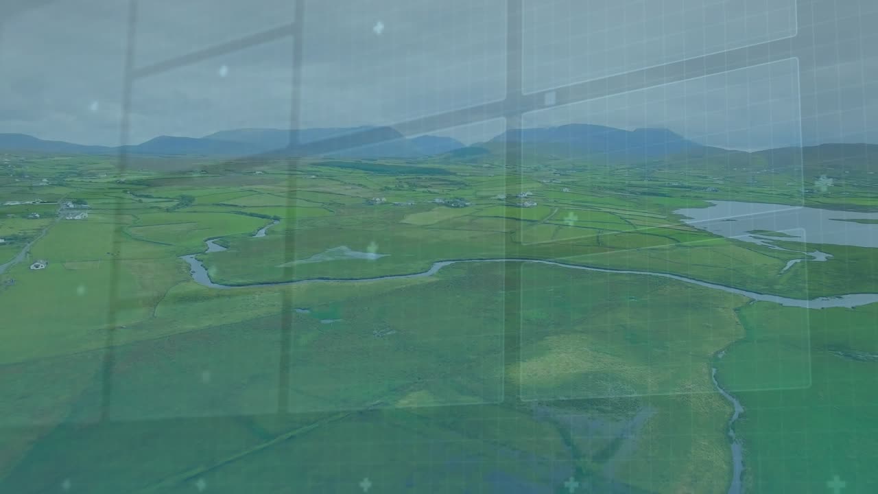 Grid overlay fading in, reticle pulsing, bars rising and network nodes lighting for data scanning