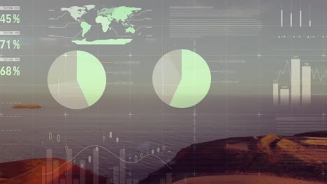 Animation-of-statistical-data-processing-over-view-of-farm-field-and-the-sea