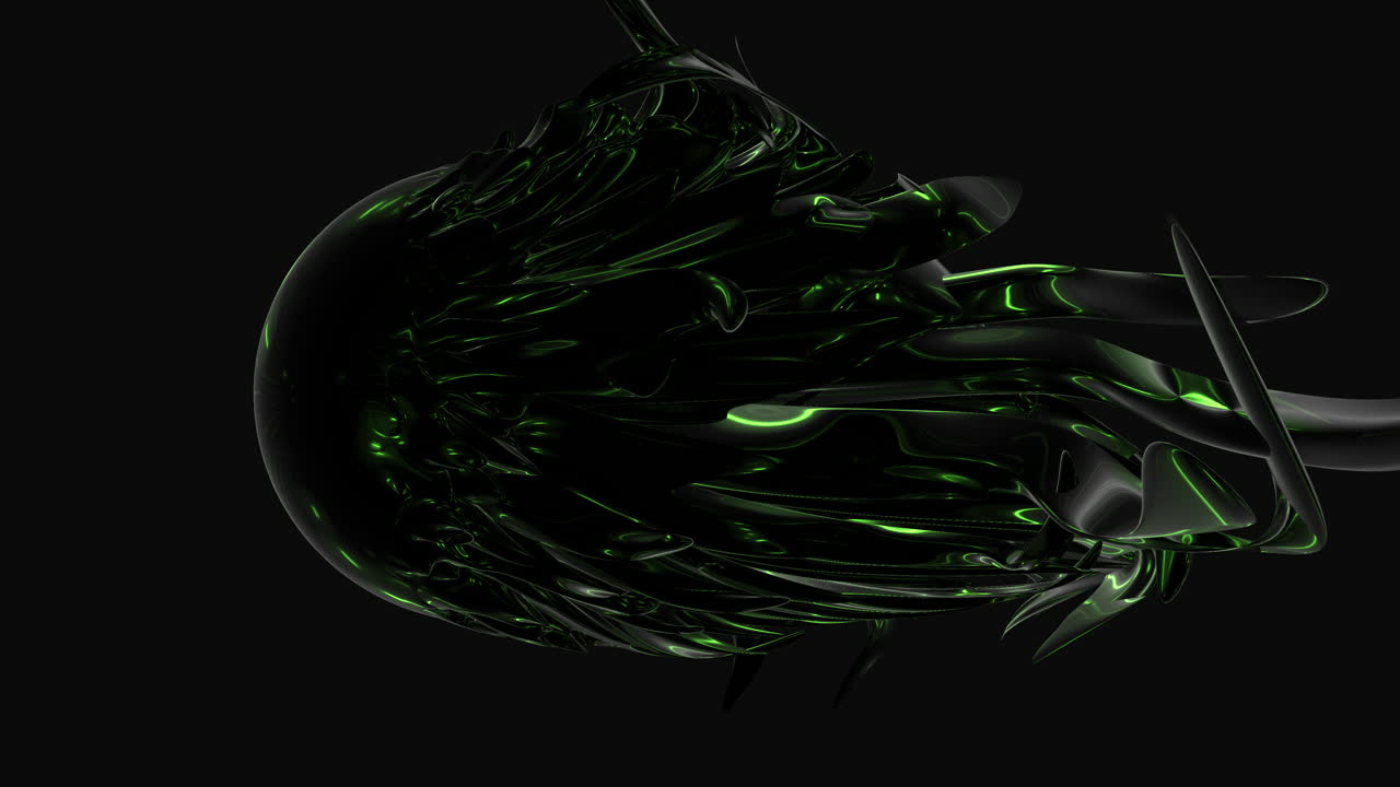 Abstract 3D-style glossy black fluid form with neon green reflections flowing and morphing on a dark background, futuristic motion design for tech and sci-fi visuals