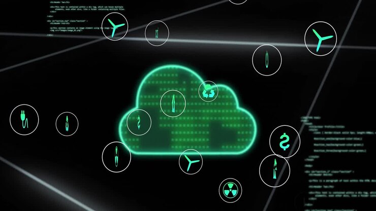 Animation of data processing over cloud and icons