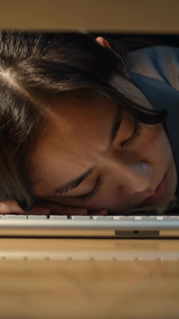 Vertical video: Typing woman in blazer lowering head onto desk from fatigue, resting on keyboard