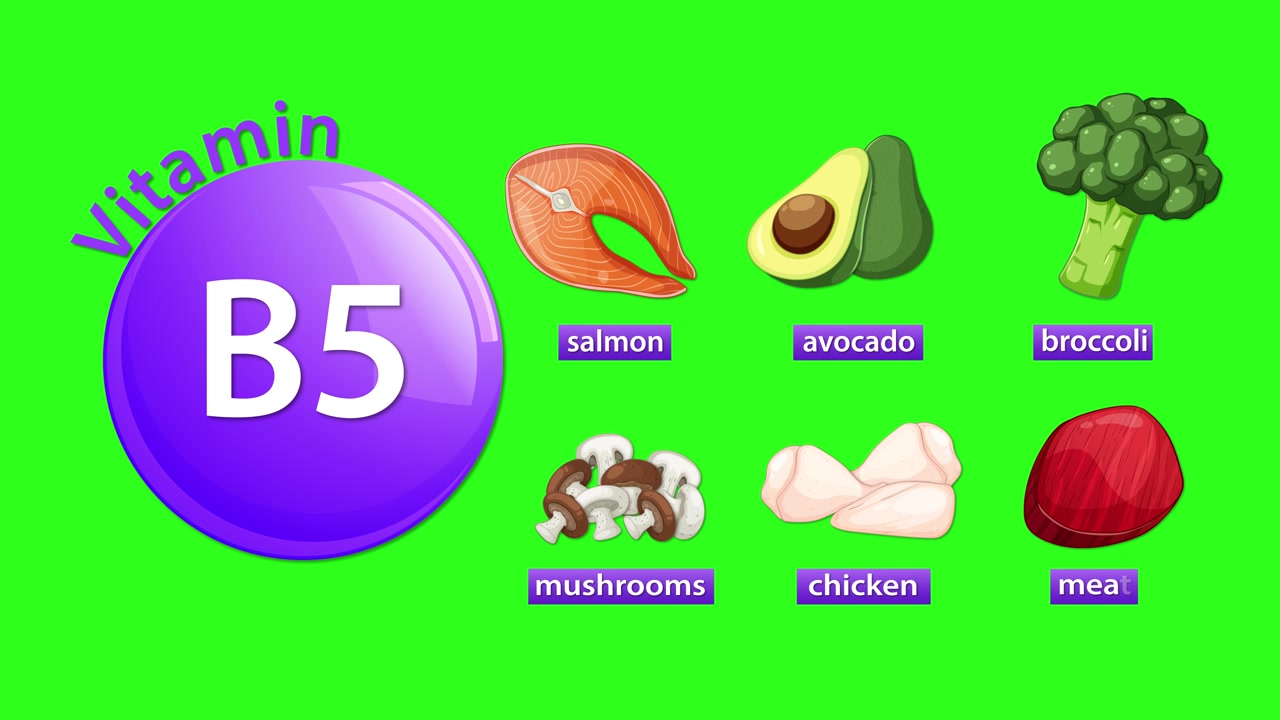 Sequenza animata che mette in risalto le fonti di vitamina B5 con icone di alimenti etichettati su uno sfondo verde brillante