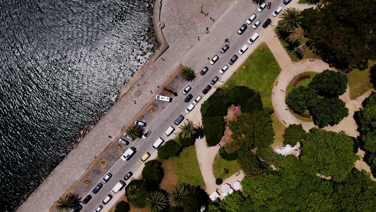 aerial shot of foz do porto with parked cars palm trees and ocean waves along the promenade