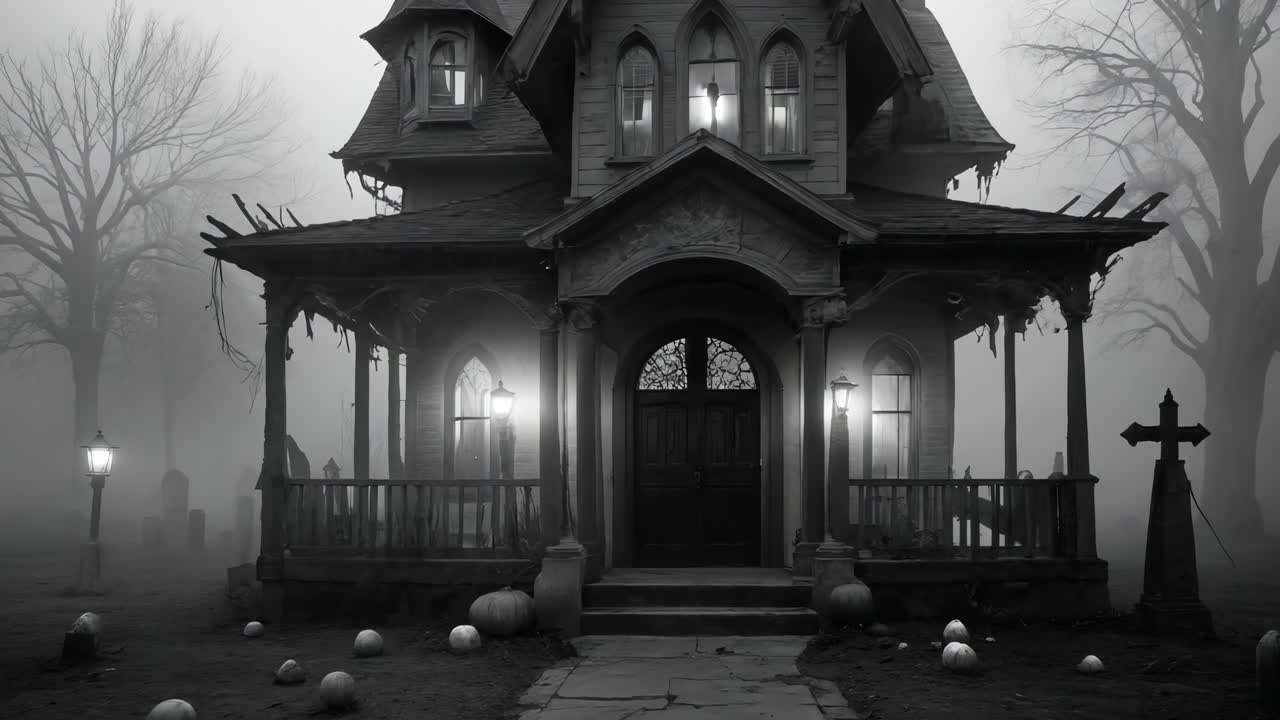 안개가 가득한 묘지에 있는 유령의 집