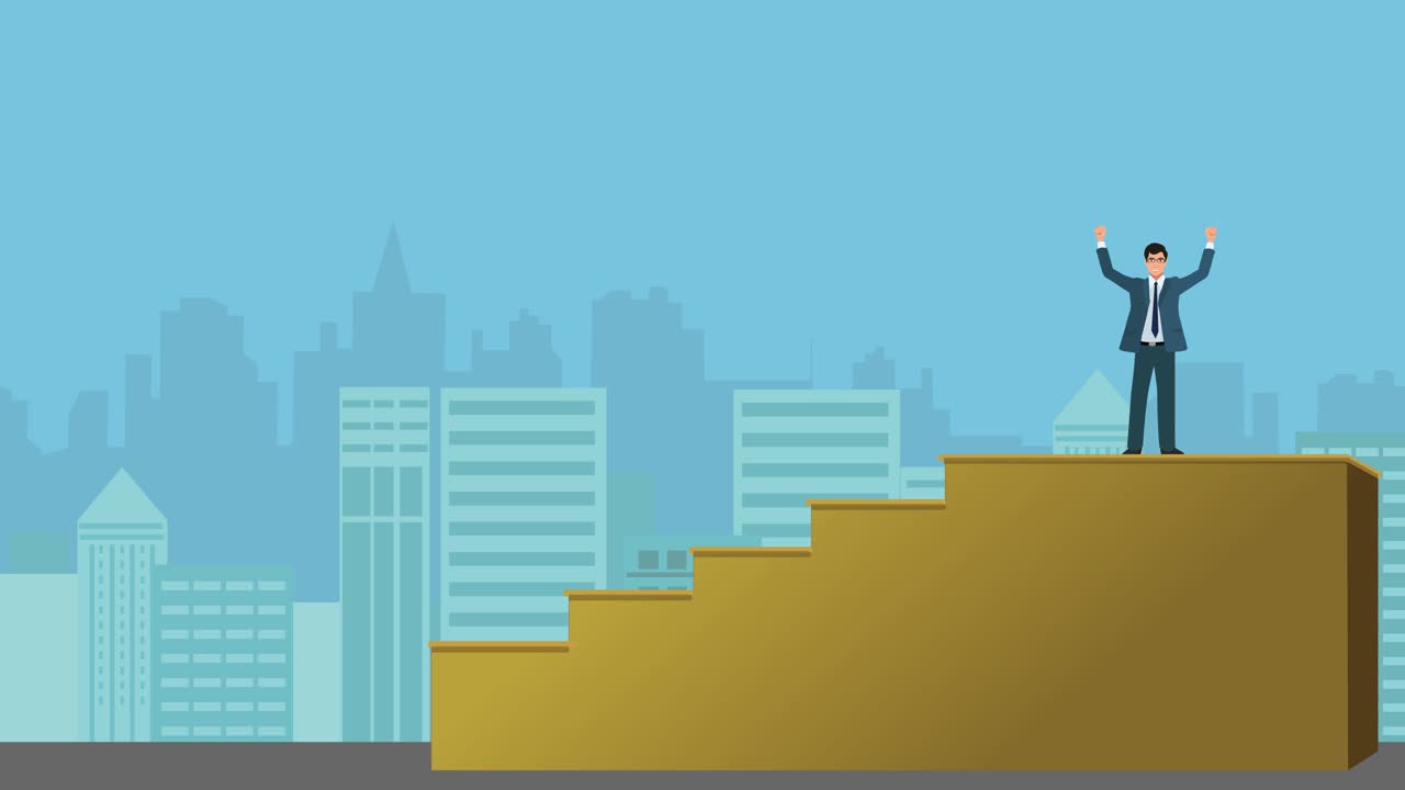 una caricatura o versión animada de un hombre de negocios, empresario o ejecutivo de ventas que sube una escalera para indicar crecimiento, desarrollo profesional, - concepto de crecimiento empresarial con una ciudad en segundo plano