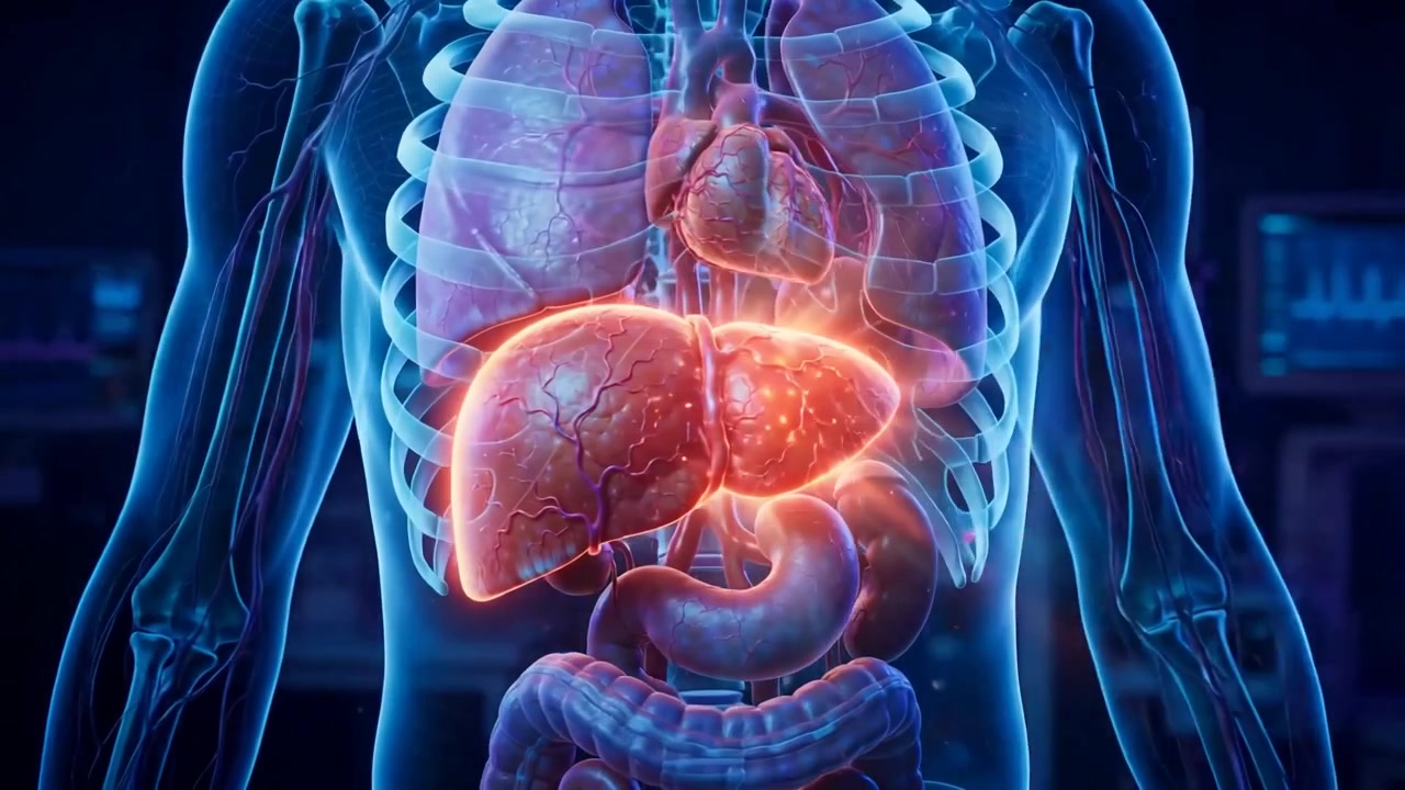Glowing Liver Highlighted Inside Transparent Standing Human Torso In Medical Laboratory