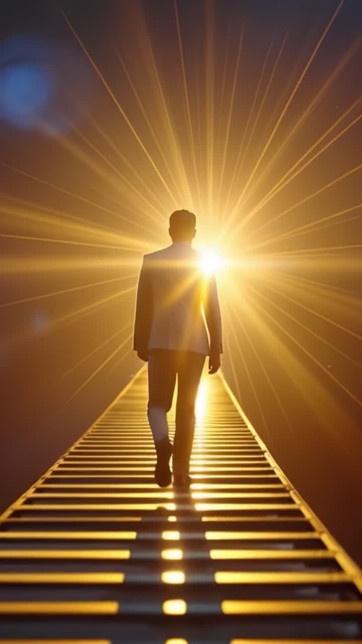 Un Viaggio Verso l'Illuminazione: Un Uomo che Emerge dalle Ombre in una Luce Radiosa su un Sentiero di Successo con una Prospettiva Uniforme.