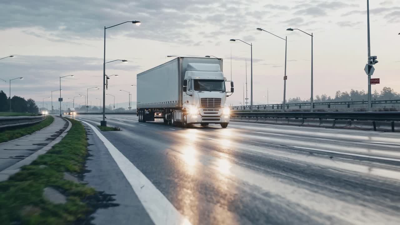 A low-angle video shot of a truck driving on a wet highway at dawn, capturing the motion