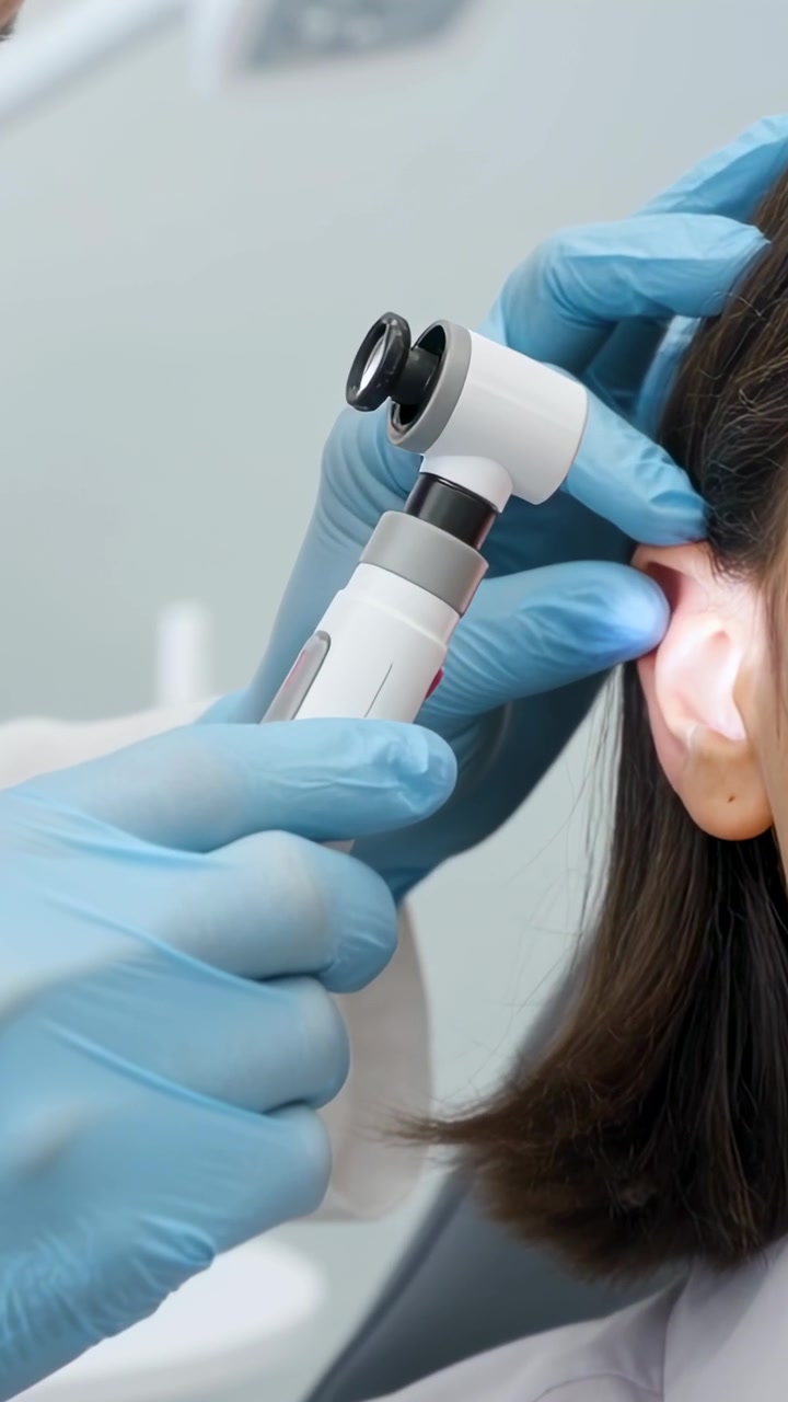 Video verticale: Medico in camice e guanti blu che porta l'otoscopio, controllando l'orecchio destro di una donna in clinica