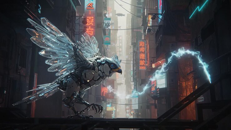 Una splendida rappresentazione di un uccello cibernetico in un paesaggio urbano illuminato al neon, che mostra le sue intricate ali di cristallo e l'energia elettrica su uno sfondo cittadino vivace