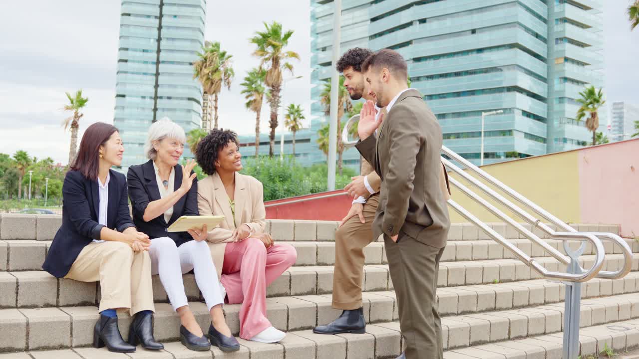 Business team meeting outdoors