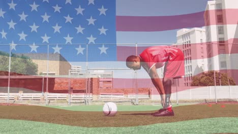 american flag waving against male soccer player with prosthetic leg performing stretching exercise