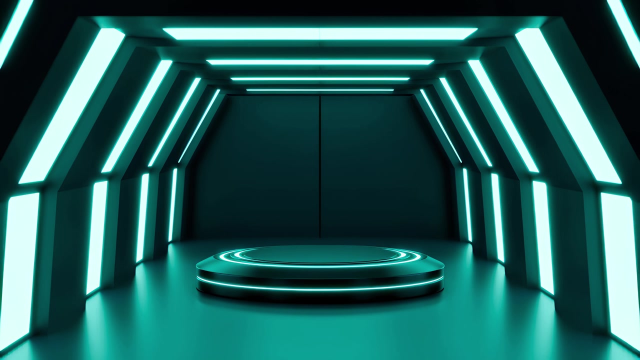 Podio futuristico vuoto con luci ciano brillanti in uno studio buio