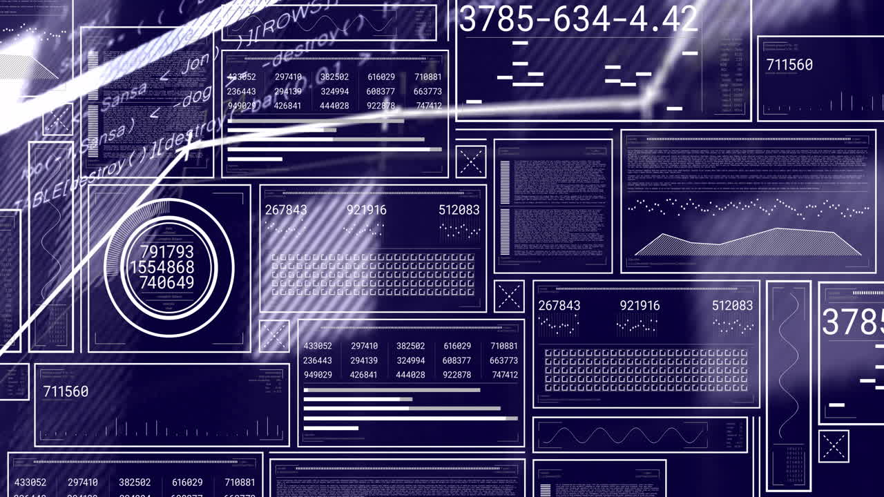 Animation of data processing and network of connections over screens