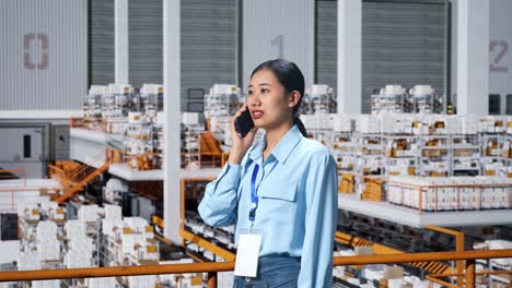 asian business woman talking on mobile phone in the warehouse