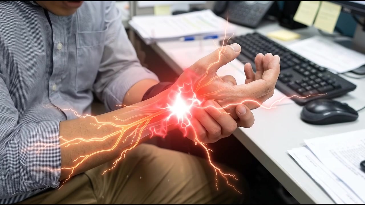 Uomo che soffre di dolore al polso e applica un tutore di supporto in ufficio
