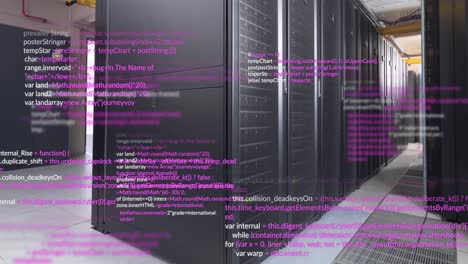 procesamiento de datos púrpura y blanco a través de la sala de servidores de computadoras.