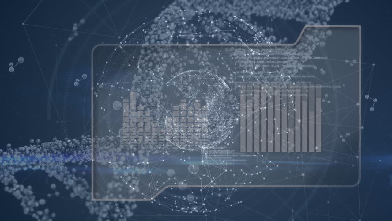 Animation of dna strand spinning over scientific data processing on blue background