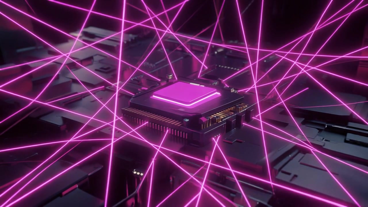 Computerprocessorchip udsender glødende lyserøde laserstråler