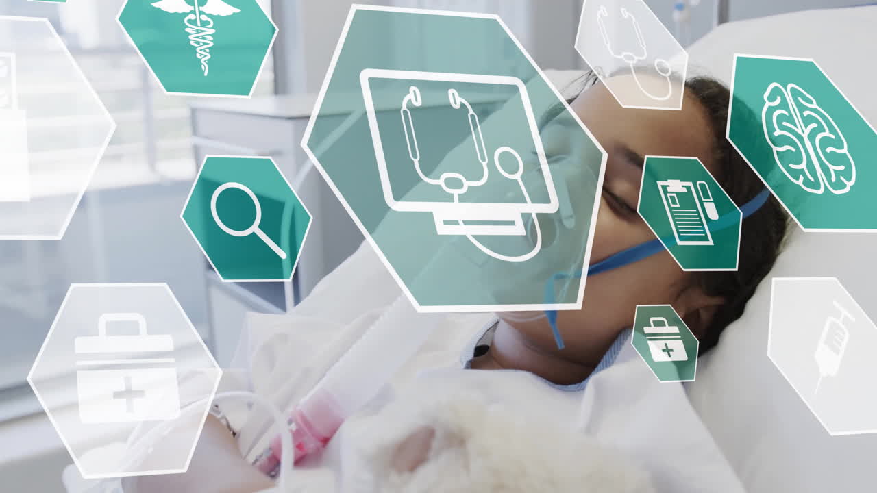 Animation of medical icons over biracial girl wearing oxygen mask in hospital