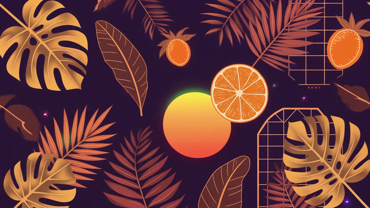 Tropical Summer Pattern with Oranges and Palm Leaves