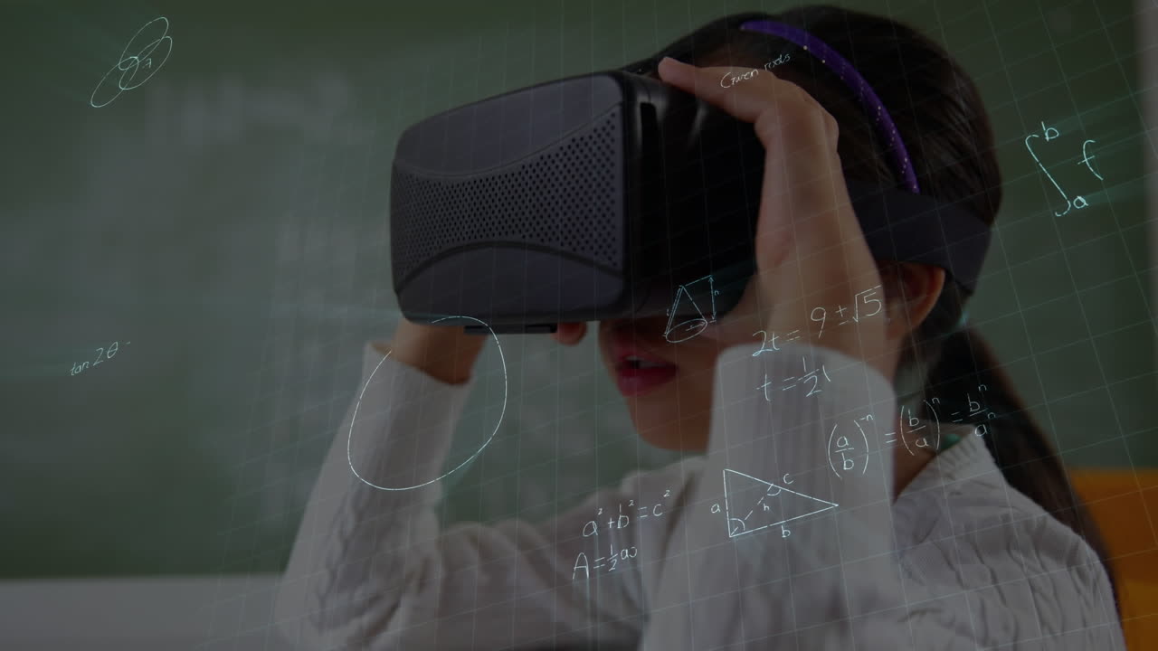 vr 헤드 ⁇ 을 사용하는 여학생에 대한 수학 수식의 애니메이션