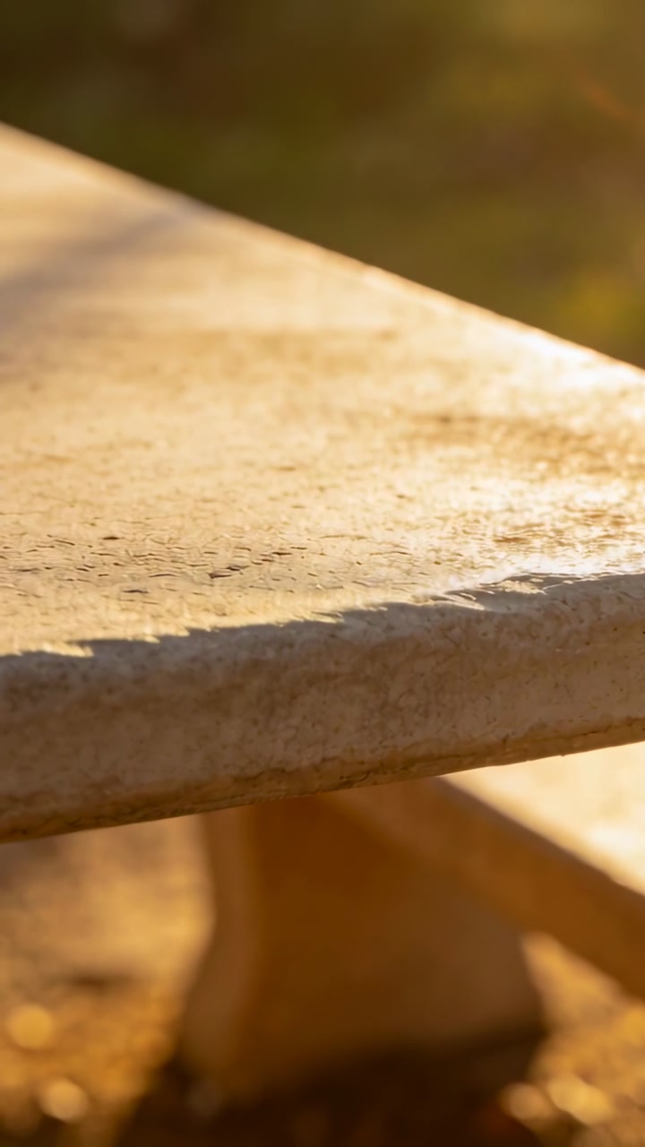 Vertical video: Shifting low-angle sunlight across slab edge and pedestal at park, showing texture