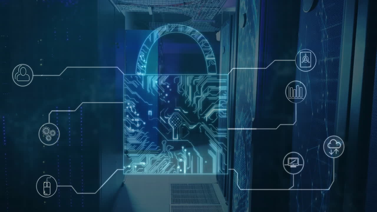 Digital security lock animation over data center with circuit patterns and icons
