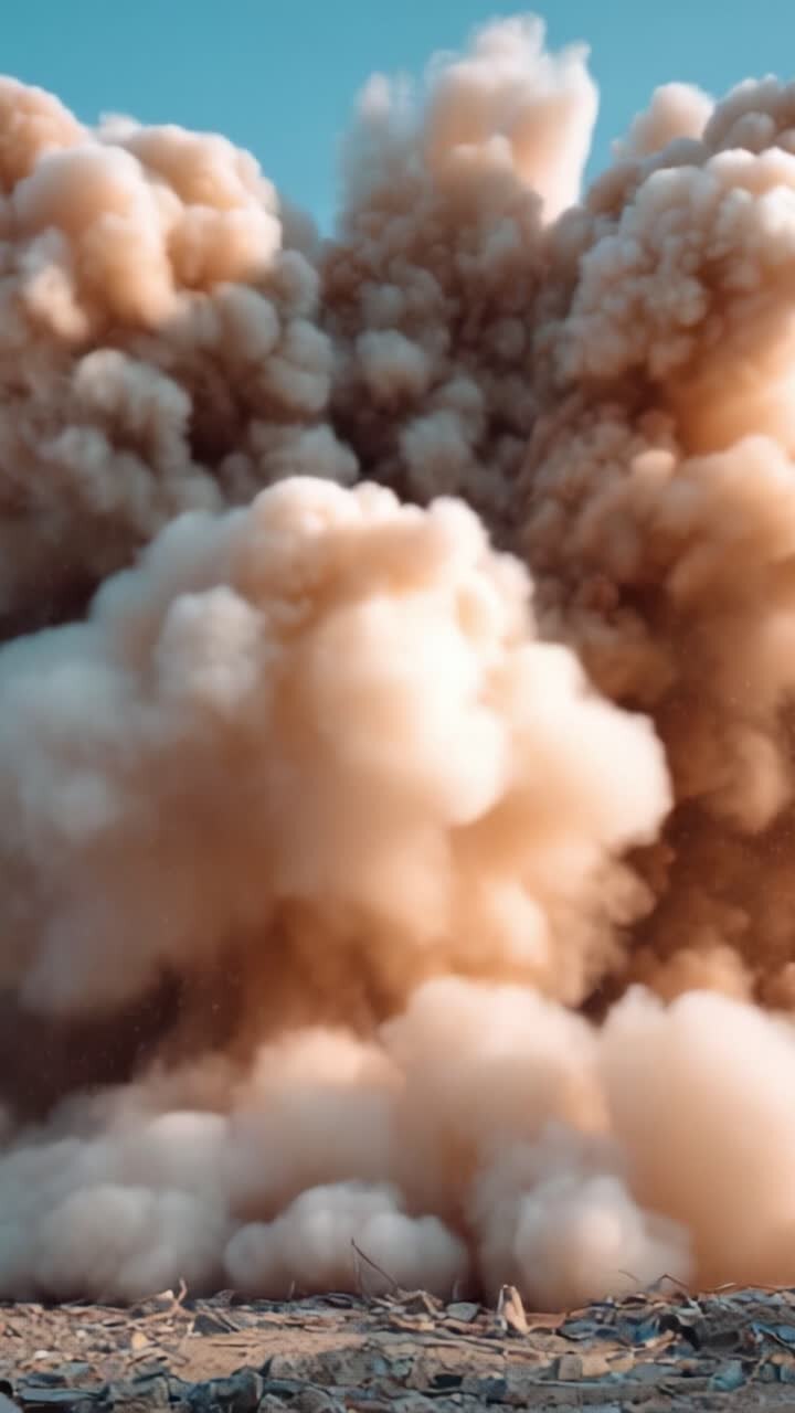 Massiccia eruzione esplosiva che crea una nuvola ondeggiante di polvere e detriti contro uno sfondo di cielo blu, catturata in fotogrammi dinamici da una potente sequenza video
