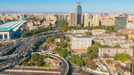 avenue city highway crossroad traffic flow landscape sunrise morning scene near small lake river, time-lapse heavy traffics jam cars flowing at open hour business