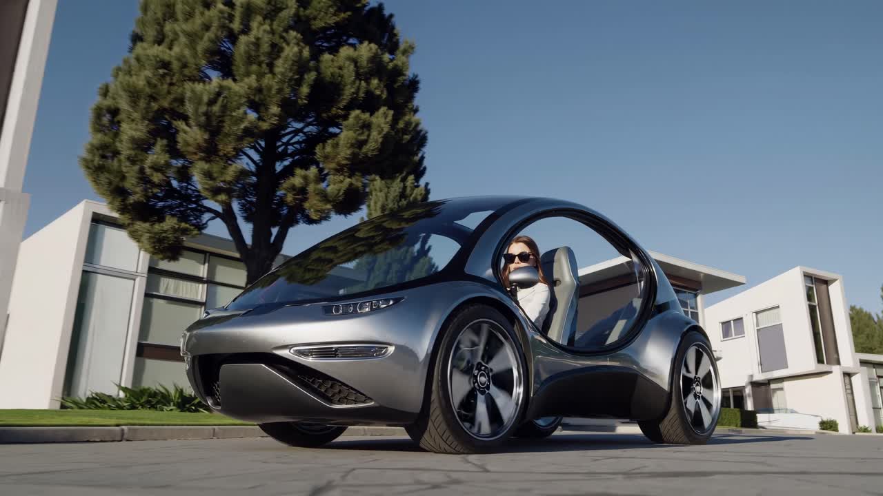 Futuristic car with sleek design in a suburban setting, captured from a low-angle