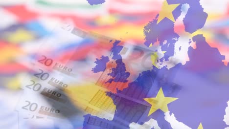 Animación-De-La-Bandera-De-La-UE-Y-El-Mapa-Sobre-Miniaturas-De-Banderas-De-Países-Europeos-Contra-Billetes-De-Euro