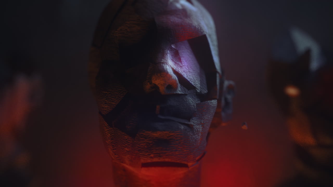 Three crushed android heads on spikes in hell