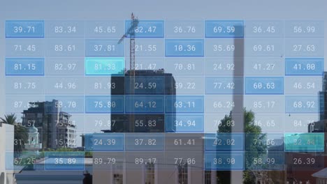 Animation-Der-Finanzdatenverarbeitung-über-Stadtlandschaft-Mit-Gebäuden