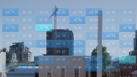 animation of financial data processing over cityscape with buildings
