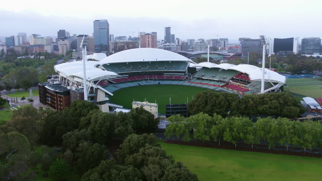 Aerial view orbiting the Adelaide Oval stadium, quiet morning in South Australia