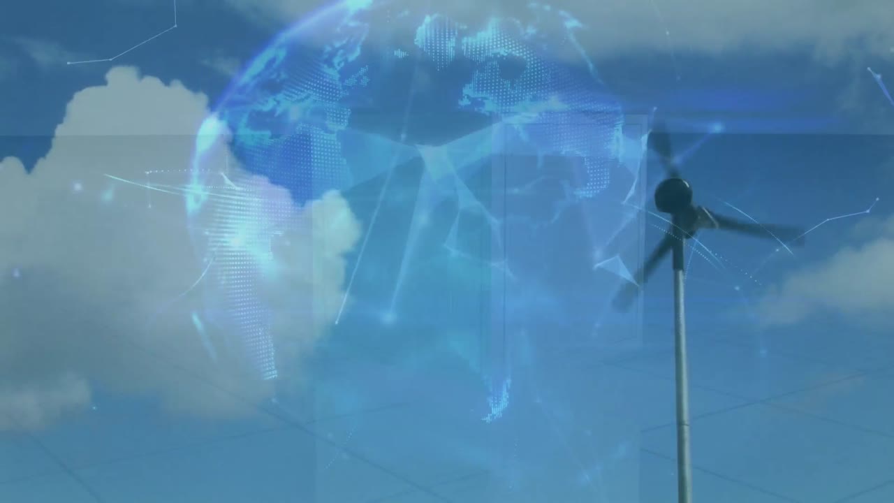 연결 네트워크와 풍력 터빈 위의 지구의 애니메이션