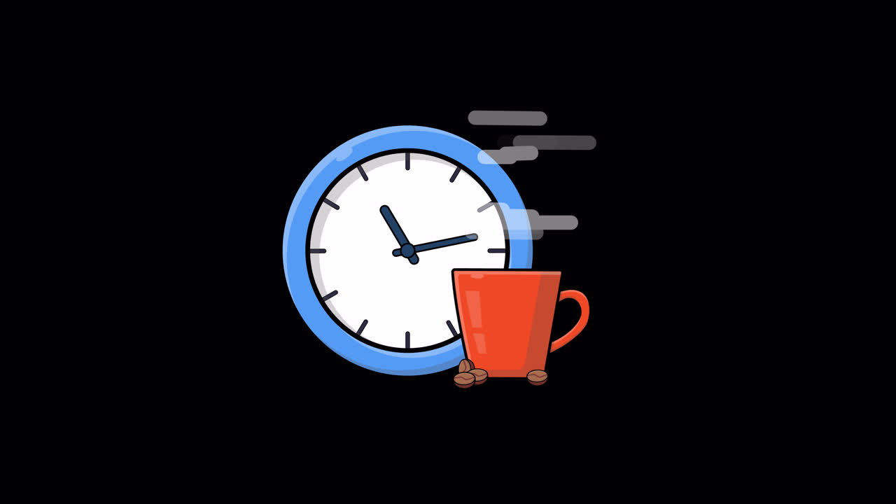 Reloj y taza de café animados mostrando el paso rápido del tiempo.