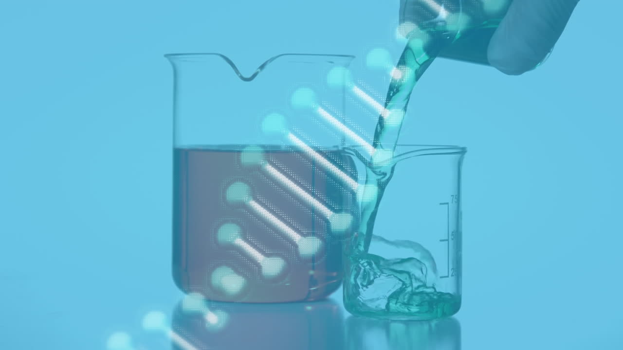 파란색 바탕에 있는 측정 컵에  ⁇ 는 액체 위의 dna 사슬의 애니메이션