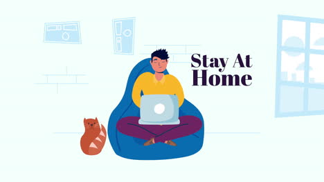 hombre usando computadora portátil en el sofá con gato quedarse en casa campaña