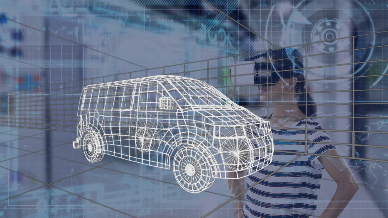 디지털 터널을 통한 3d 밴 모델과 vr 헤드 ⁇ 을 착용한 여성에 대한 데이터 처리