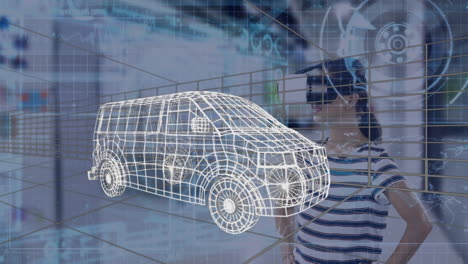 modelo de furgoneta 3d sobre túnel digital y procesamiento de datos contra una mujer que usa auriculares vr