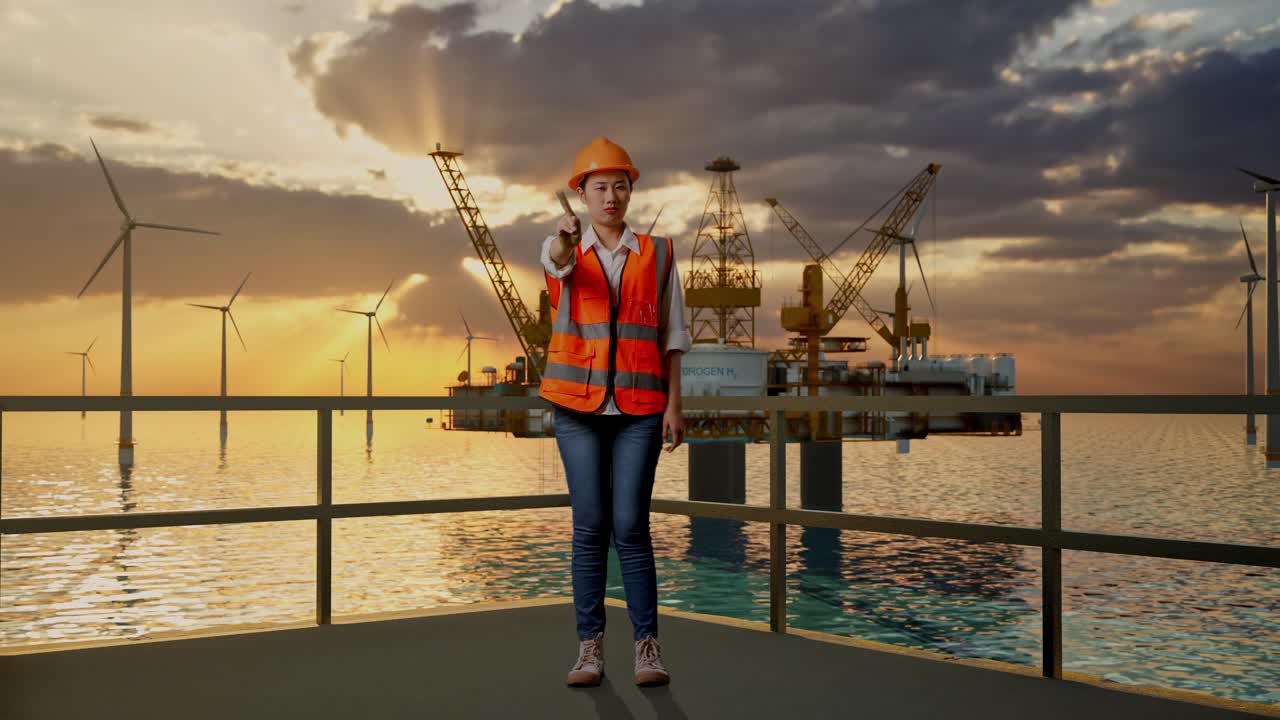 ingeniera en una plataforma de parques eólicos en alta mar al atardecer