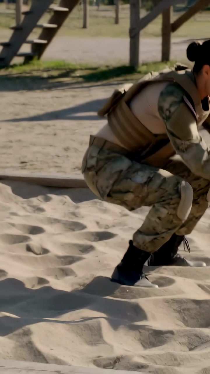 Vertical video: Leaping soldier pushing off rail into sand at drill, landing and balancing in vest