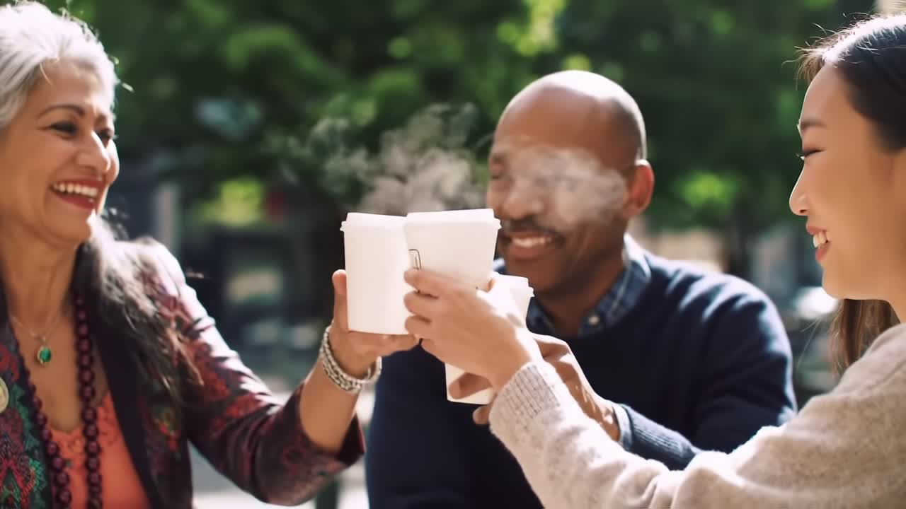 A Joyful Gathering: Friends Sharing Moments Over Coffee in a Lively Outdoor Setting, Celebrating Connection and Warmth with Smiles and Laughter