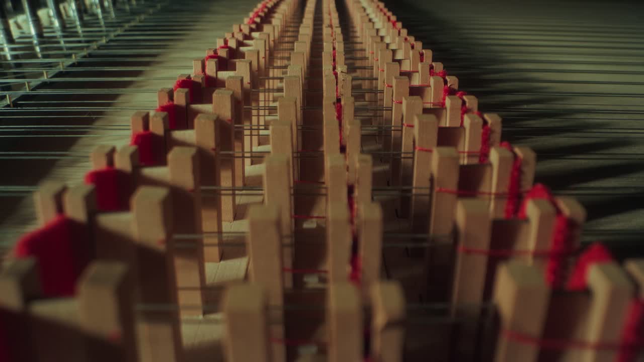 los martillos del piano grande, la cámara se mueve hacia atrás, primer plano, madera amarilla, oscura