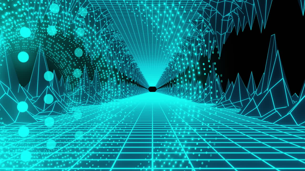 Animation of flashing green lights pattern and digital tunnel on black background